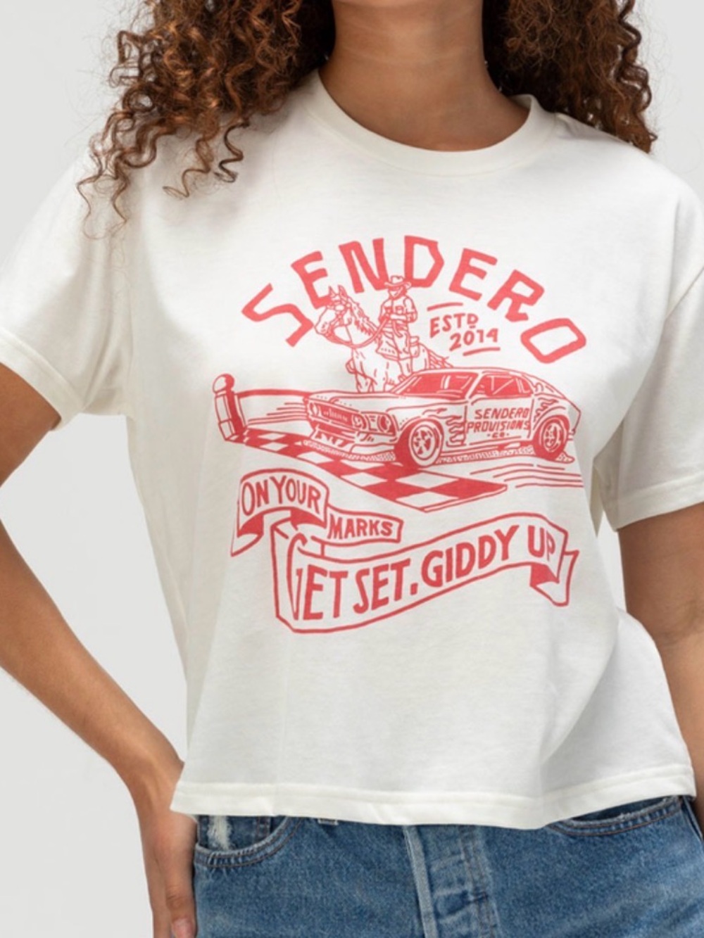 Sendero Women’s Crop White Graphic Tee - Red Print